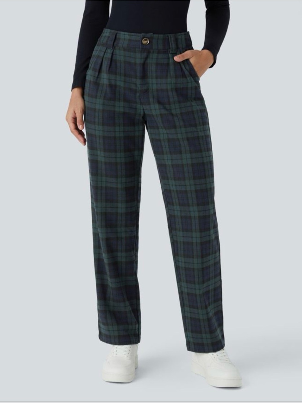 NWT Halara Mid Rise Zipper Pocket Plaid Straight Leg Casual Pants Size Large